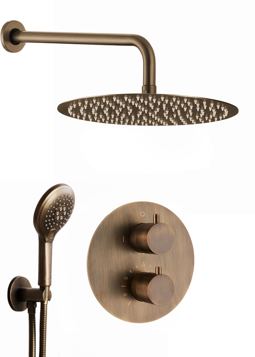 Saniclear Antique inbouw regendouche rond met 20cm hoofddouche, wandarm en 2 standen handdouche verouderd messing