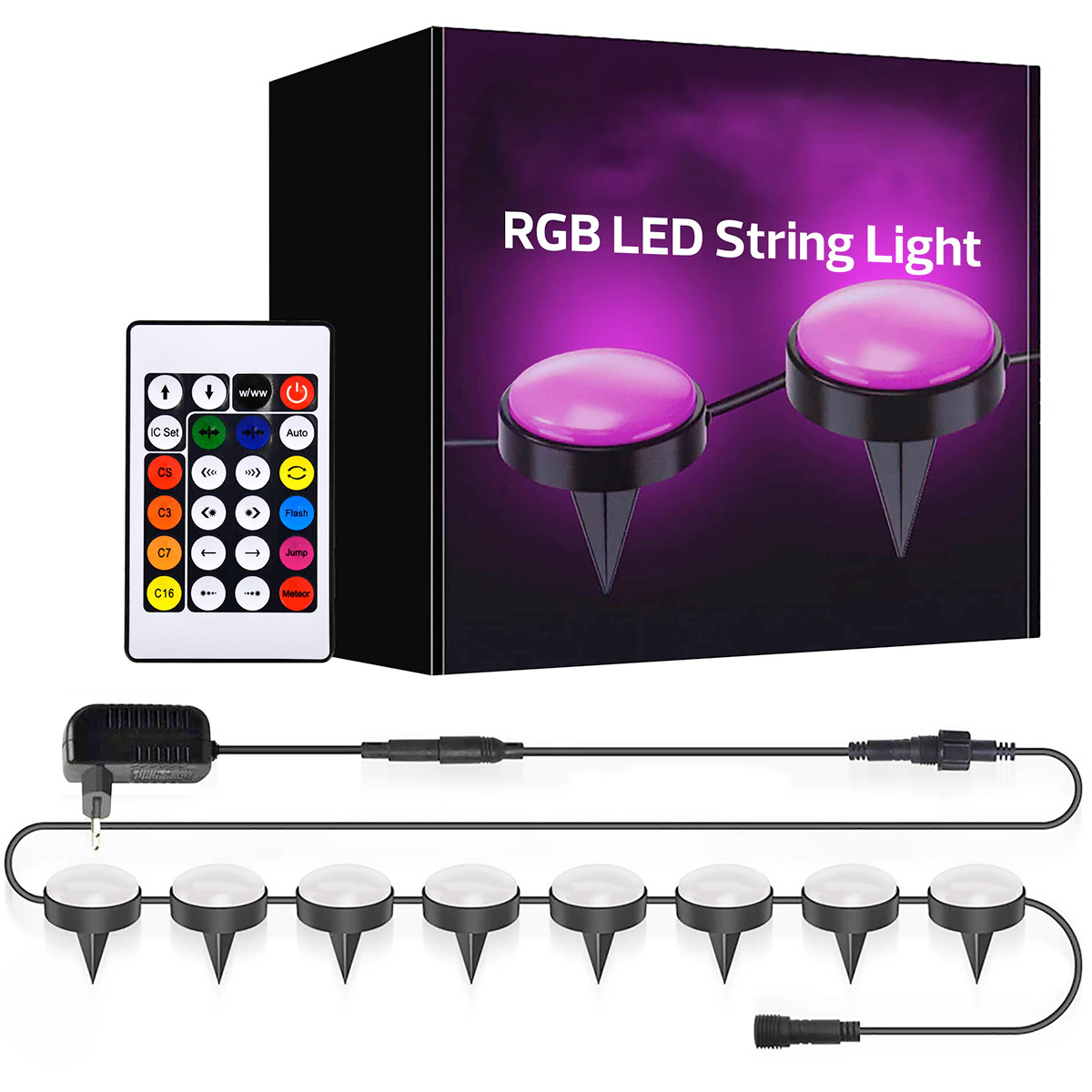 BES LED LED Lichtsnoer voor Wand en Grondmontage - Kozolux - RGB - Afstandsbediening - 12W 300lm - 18 Meter - 24 Lampen - IP44 - Zwart