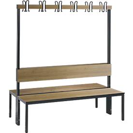 C und P Garderobebank Basic Plus, 2-zijdig, rugleuning, zonder schoenenrek, pootstel zwart-grijs RAL 7021, B 1500 mm, decor eik Ser.