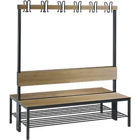 C und P Garderobebank Basic Plus, 2-zijdig, rugleuning, met schoenenrek, beenframe zwart-grijs RAL 7021, B 1500 mm, decor eiken Ser.