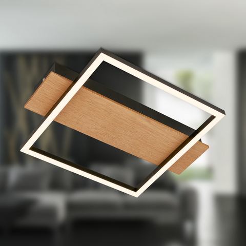 Briloner LED-Deckenleuchte Kada, Ø 30 cm, Holz, Metall, schwarz