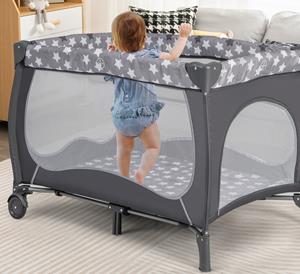 Costway 5-In-1 Babybed Draagbaar Bijzetbed Reisbed met Opvouwbare Matras Luiertafel Baldakijn Draagtas voor Baby's tot 36 Maanden (Grijs)