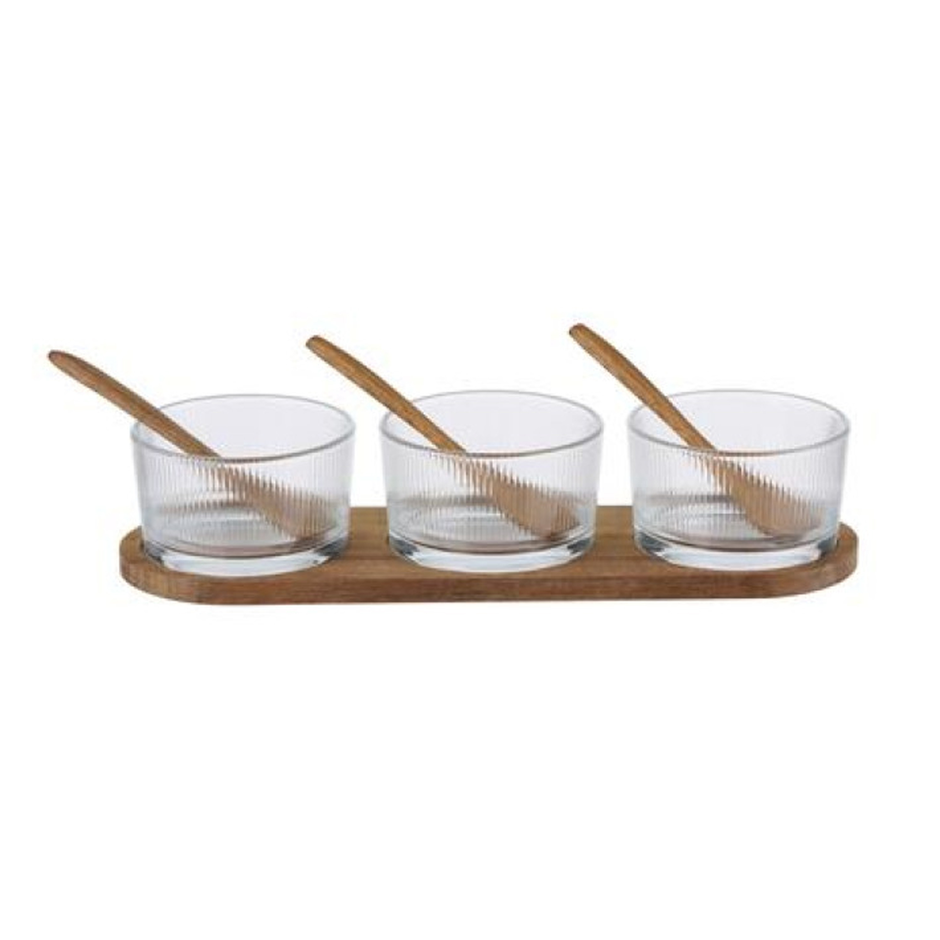 Edco Serveer/borrel plank set schaaltjes/kommetjes - 7 delig - glas/hout - met lepeltjes - borrelen -