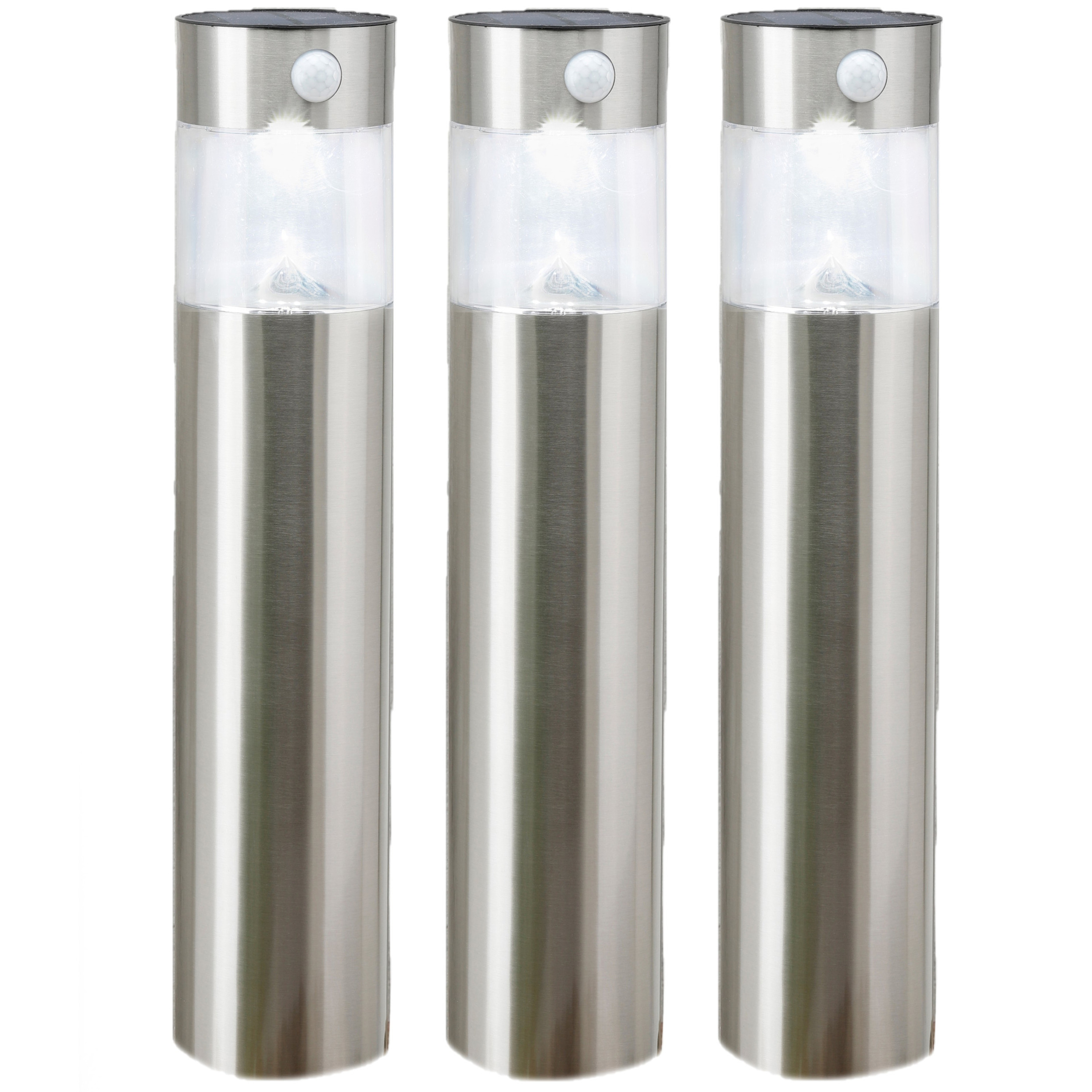 Merkloos Set van 3x stuks solar tuinlampen/prikspots pilaar op zonne-energie met bewegingssensor 50 cm Rvs -