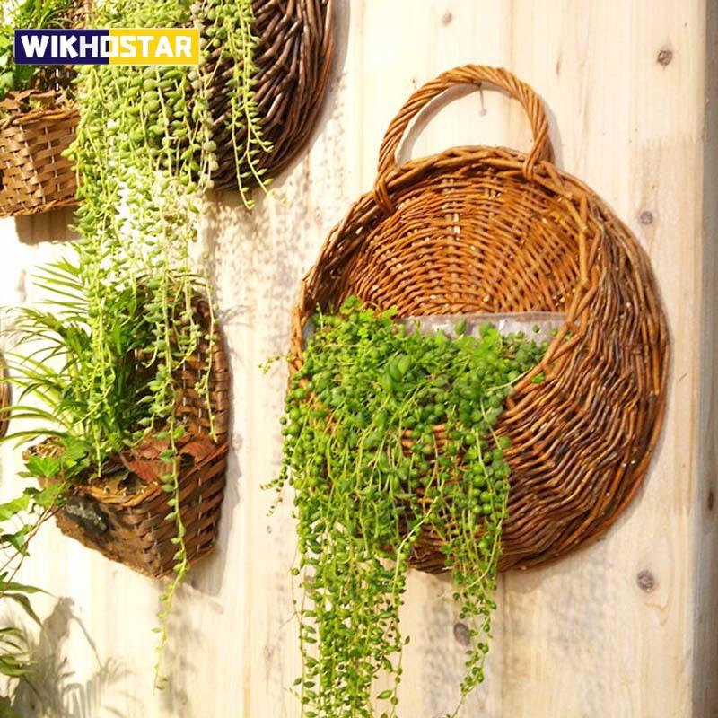 WIKHOSTAR Handgemaakte rieten rotan bloemen plantenbak muur hangend rieten rotan mand tuin wijnstok pot planten houder tuin potten muur plantenbak Off white 18CM