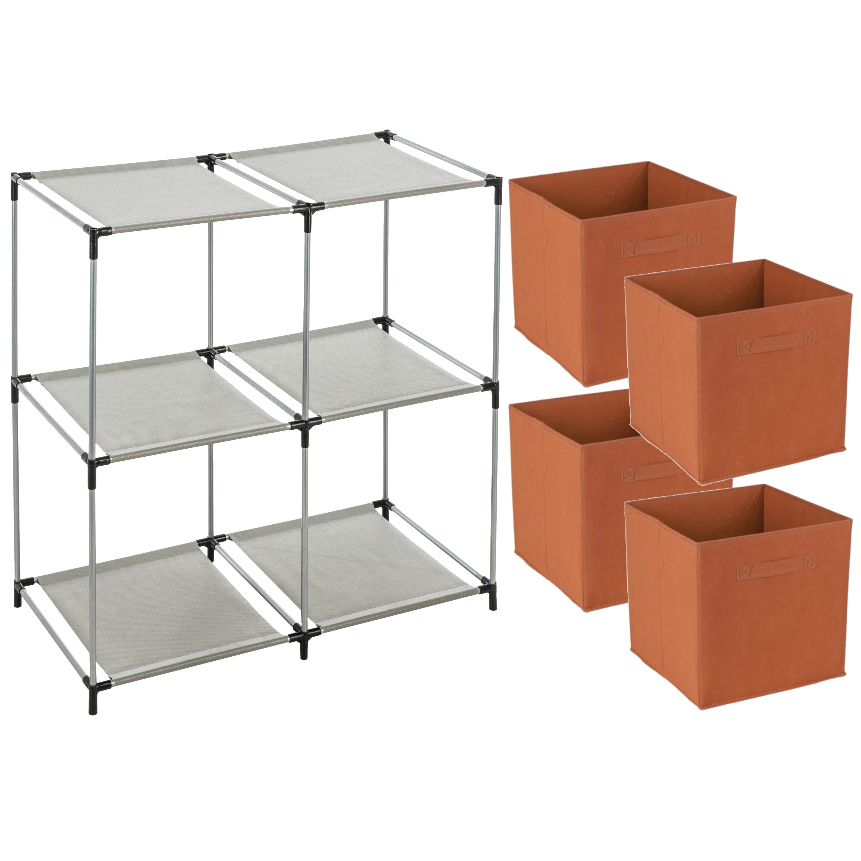 Merkloos Opbergrek 2-laags - metaal - kunststof - grijs - 67 x 68 cm - incl. 4 opbergmanden oranje -