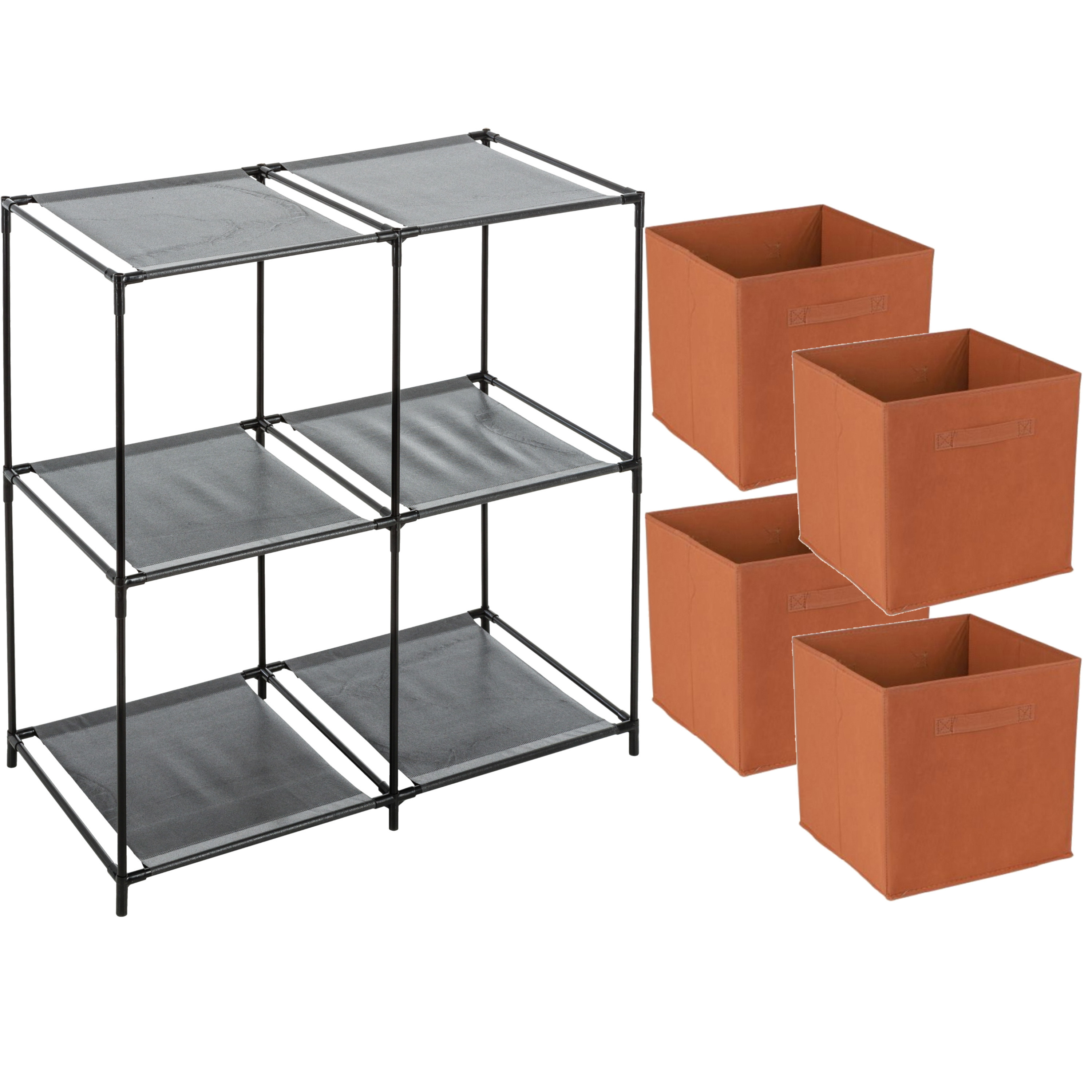 Merkloos Opbergrek 2-laags - metaal - kunststof - zwart - 67 x 68 cm - incl. 4 opbergmanden oranje -