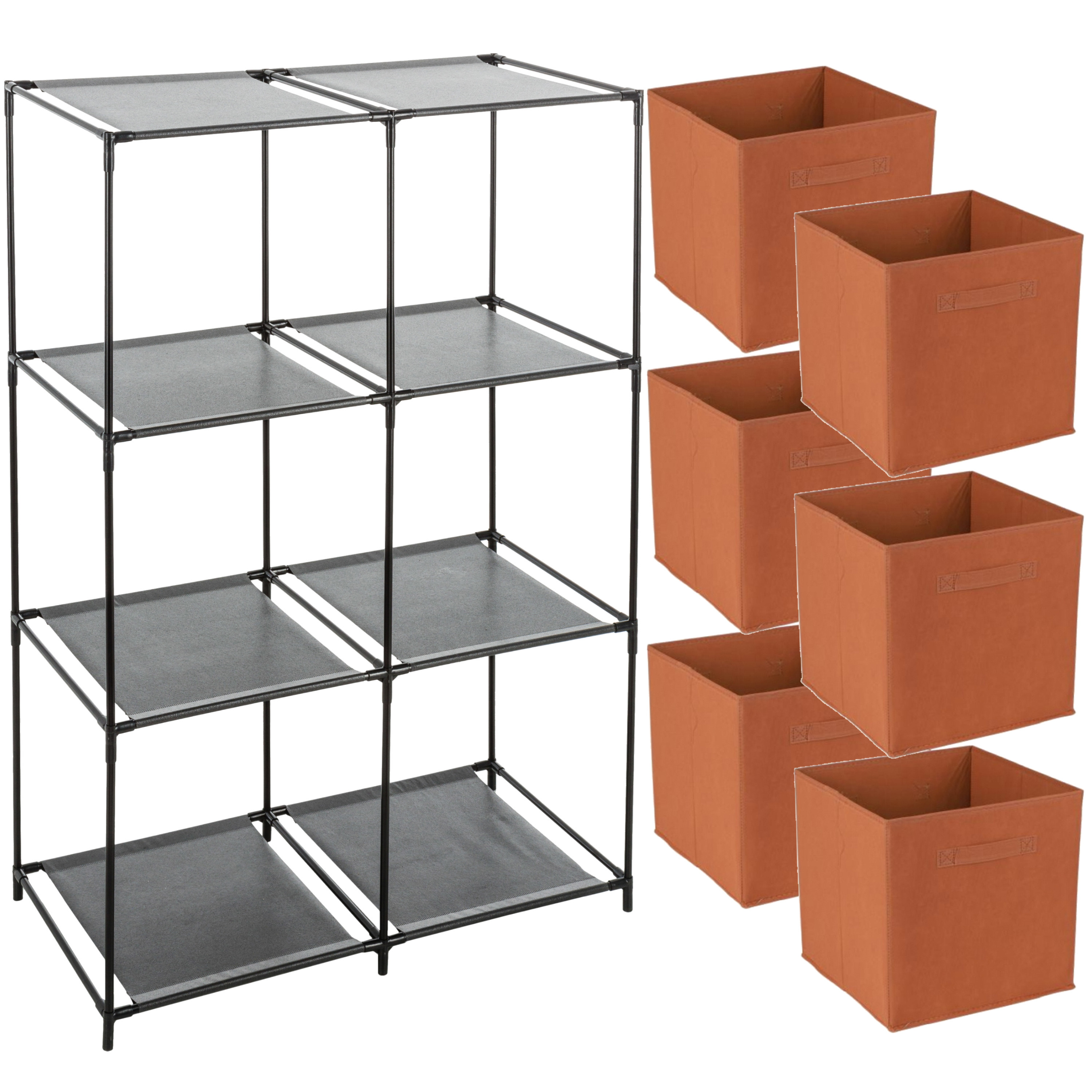 Merkloos Opbergrek 3-laags - metaal - kunststof - zwart - 68 x cm - incl. 6 opbergmanden oranje -