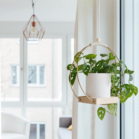 Hello Garden Hangende plantenstandaard Multifunctionele bloempottenhouder met houten basis Ruimtebesparende plantenhouder voor binnen Cadeau voor moeder Plantenliefhebbers Housewarming goud