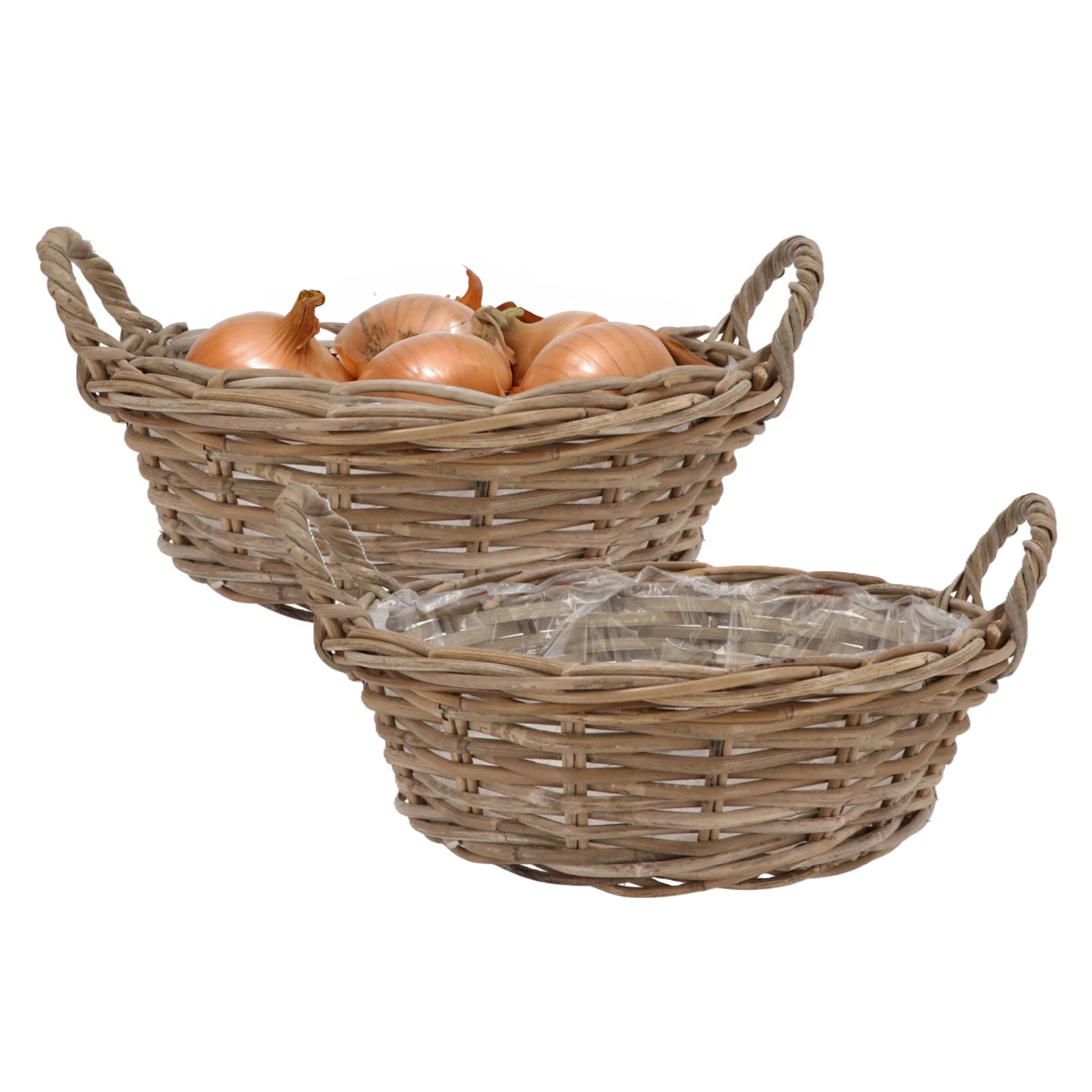 DK Design Plantenmand/aardappelmand tafelmodel - 2x - Ivy - met handvatten - rotan - B25 x H13 cm - binnen/bui -