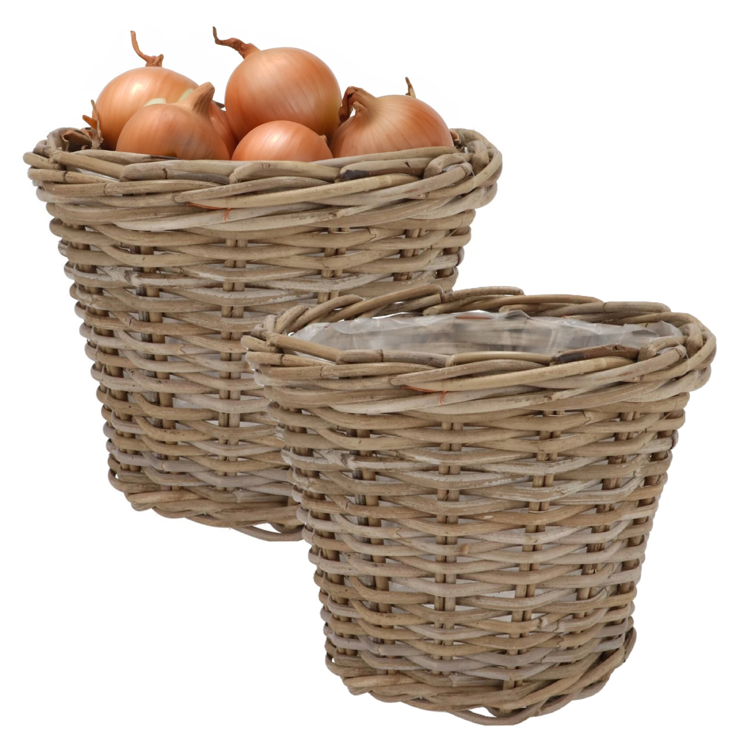 DK Design Plantenmand/aardappelmand Ivy - 2x - met binnenzak - rotan - B23 x H20 cm - binnen/buiten bloempotte -