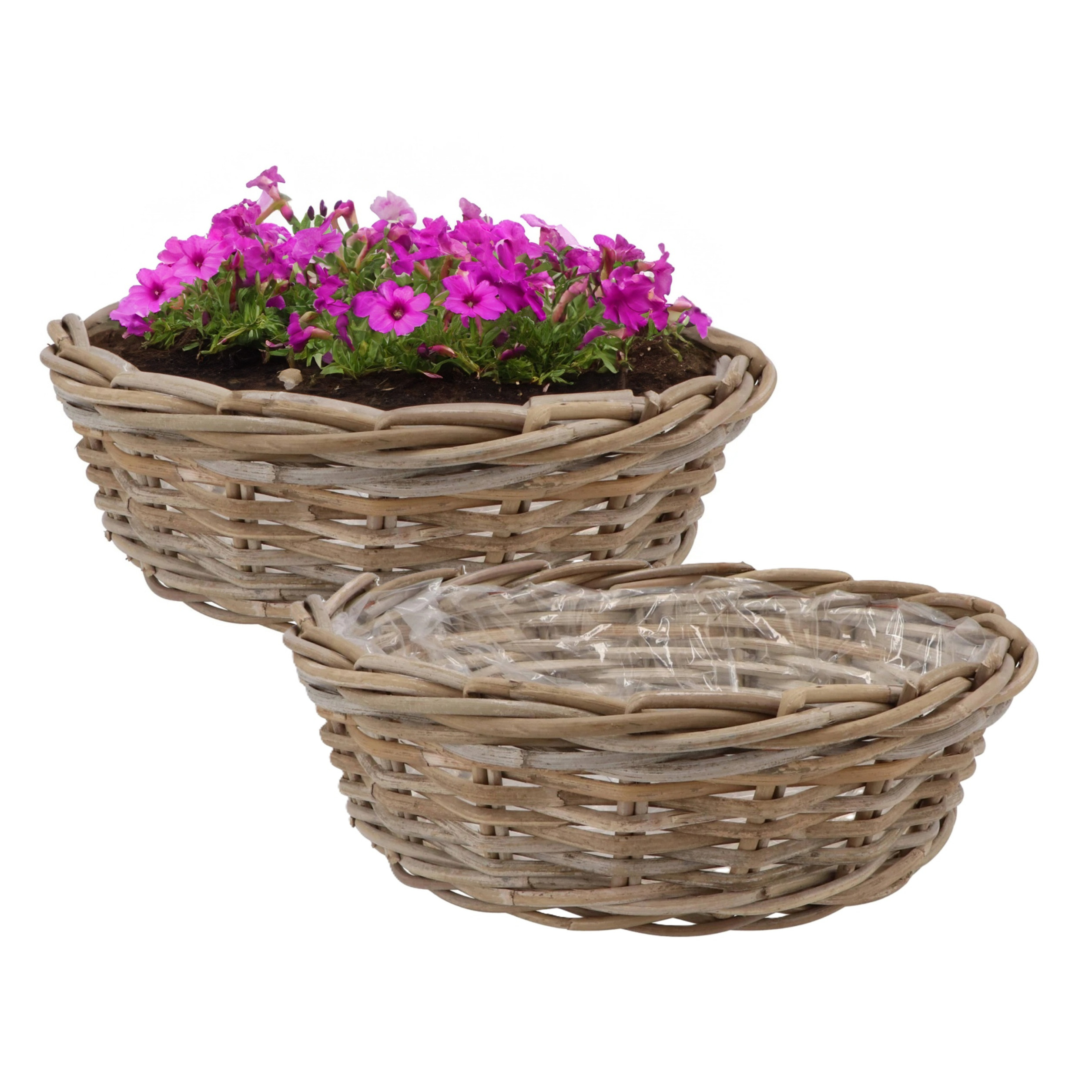 DK Design Plantenmand/aardappelmand tafelmodel - 2x - Ivy - met binnenzak - rotan - B35 x H13 cm - binnen/buit -