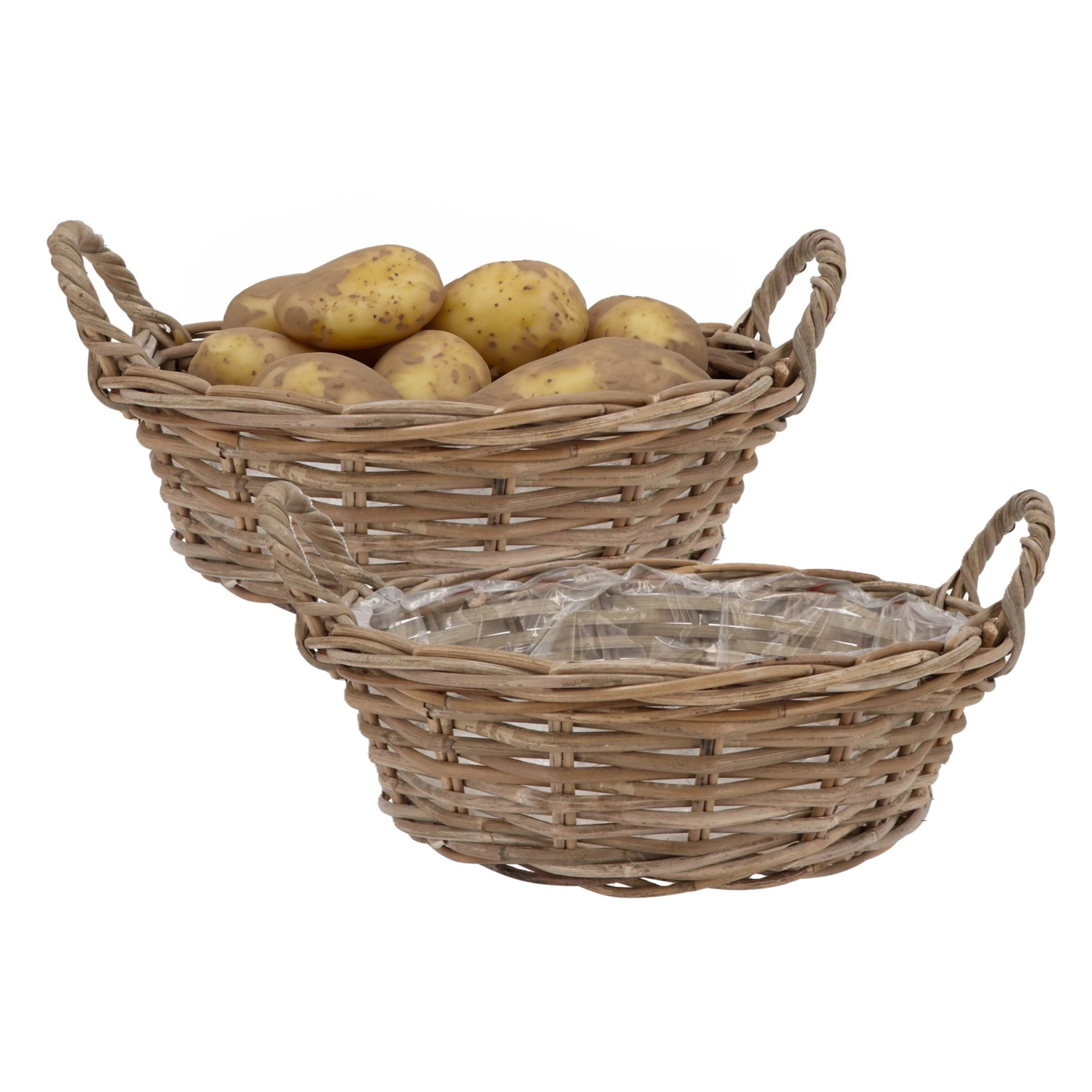 DK Design Plantenmand/aardappelmand tafelmodel - 2x - Ivy - met handvatten - rotan - B35 x H13 cm - binnen/bui -