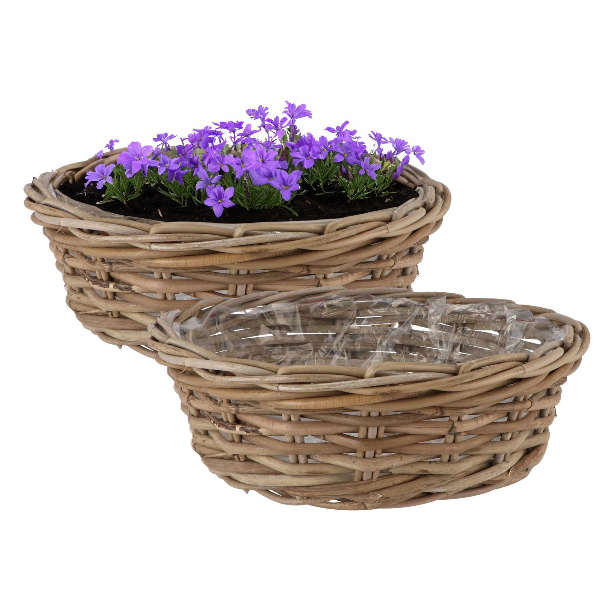 DK Design Plantenmand/aardappelmand tafelmodel - 2x - Ivy - met binnenzak - rotan - B40 x H13 cm - binnen/buit -