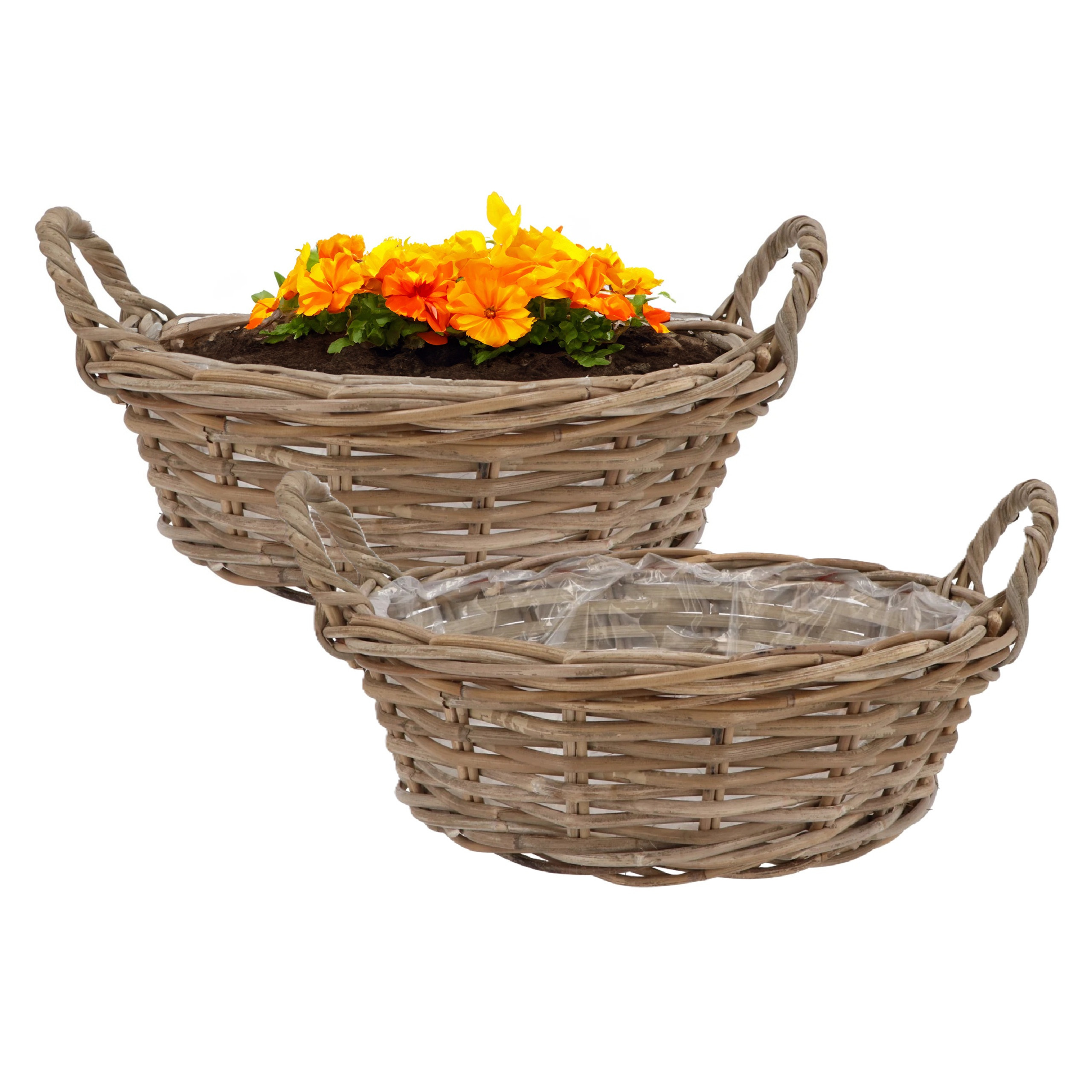 DK Design Plantenmand/aardappelmand tafelmodel - 2x - Ivy - met handvatten - rotan - B40 x H13 cm - binnen/bui -