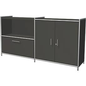 Sideboard Toledo, afsluitbaar, schuiflade + open vak, 2 ordnerhoogten, vleugeldeuren, B 1580 x D 380 mm, antraciet