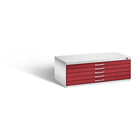 C und P Tekeningkast van staal, voor formaten tot A1, 5 schuifladen, lichtgrijs/rood