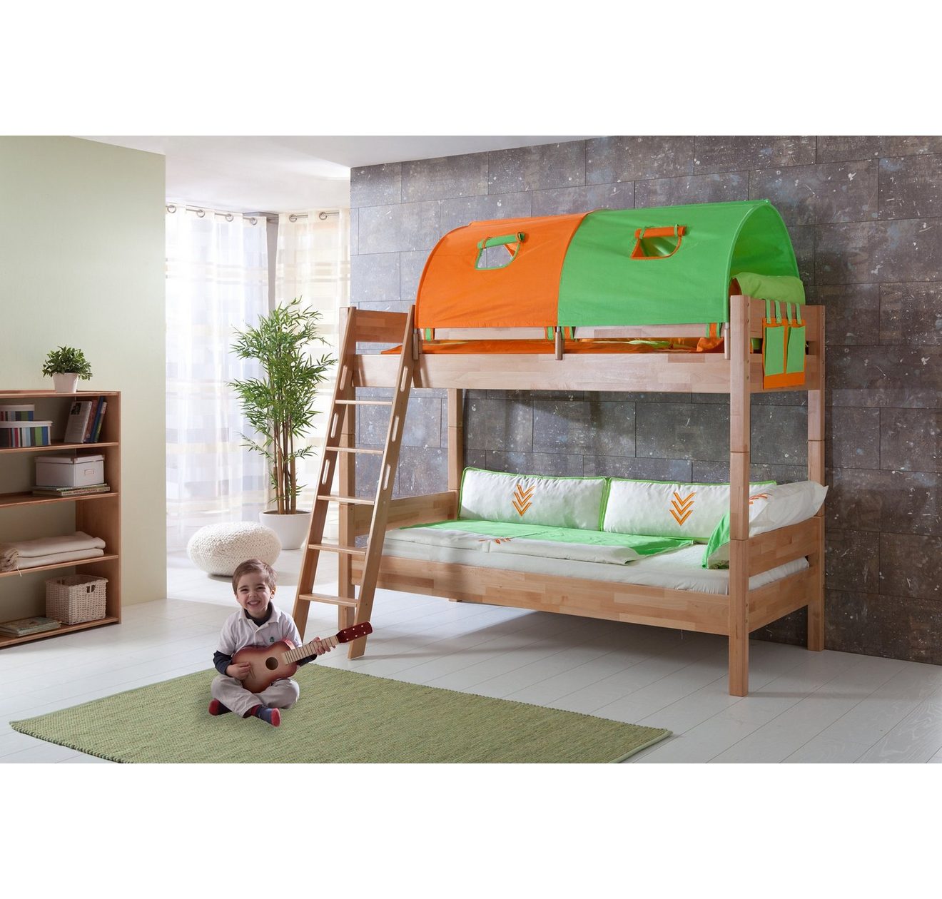 Relita Stapelbed Stefan incl. oprolbaar lattenbodem, met ladder en valbeveiliging, textiel set, beuken