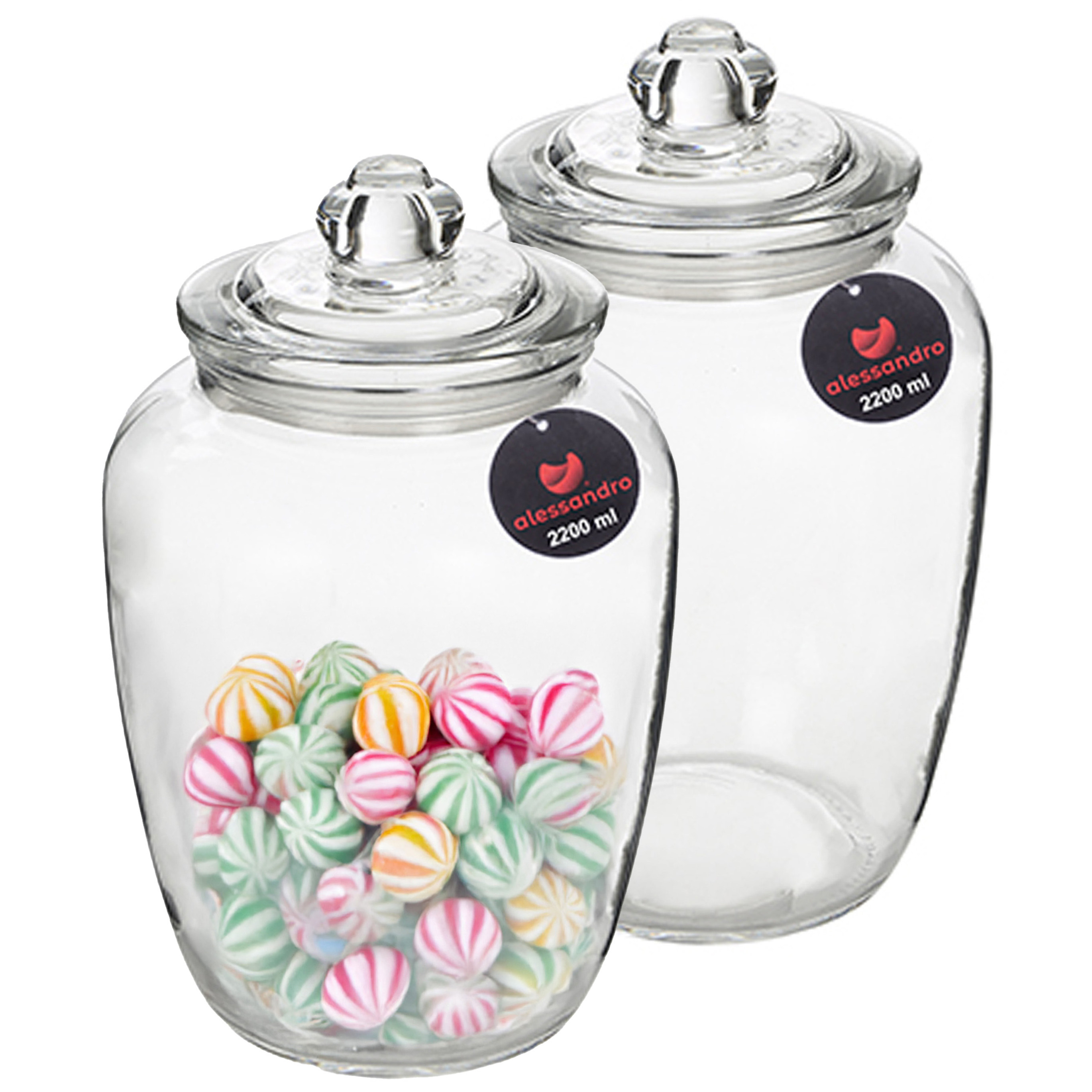 Alessandro Snoeppot/voorraadpot - 2x - met deksel - luchtdicht - glas - 2200 ml - D15 x H24 cm -