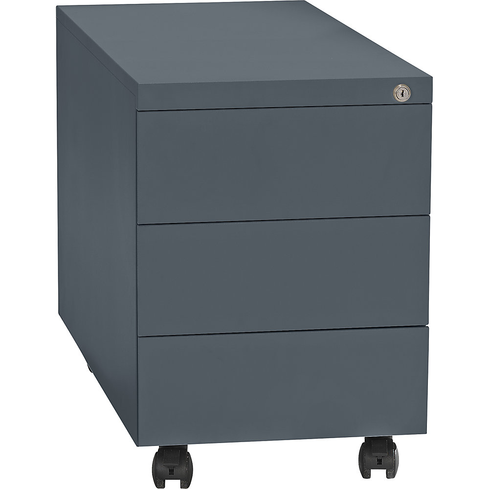 Eurokraft basic Verrijdbaar ladeblok, staal, 1 pennenbak, 3 materiaalladen, diepte 790 mm, basaltgrijs