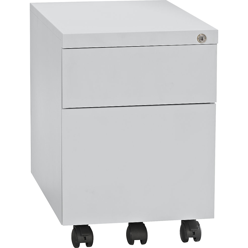 Eurokraft basic Verrijdbaar ladeblok, staal, 1 pennenbak, 1 materiaallade, 1 hangmappenlade, diepte 590 mm, lichtgrijs