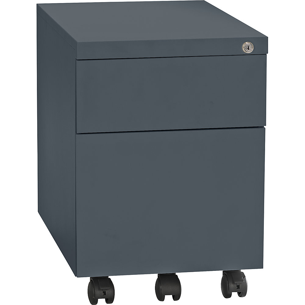 Eurokraft basic Verrijdbaar ladeblok, staal, 1 pennenbak, 1 materiaallade, 1 hangmappenlade, diepte 590 mm, basaltgrijs