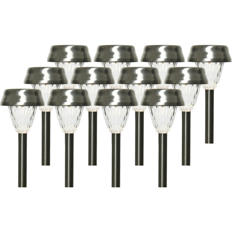 Lumineo 12x Buiten LED RVS lantaarn stekers solar verlichting 24 cm -