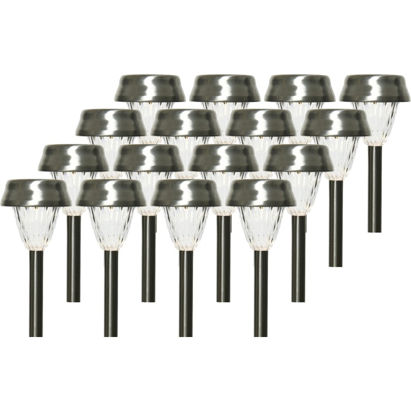 Lumineo 16x Buiten LED RVS lantaarn stekers solar verlichting 24 cm -
