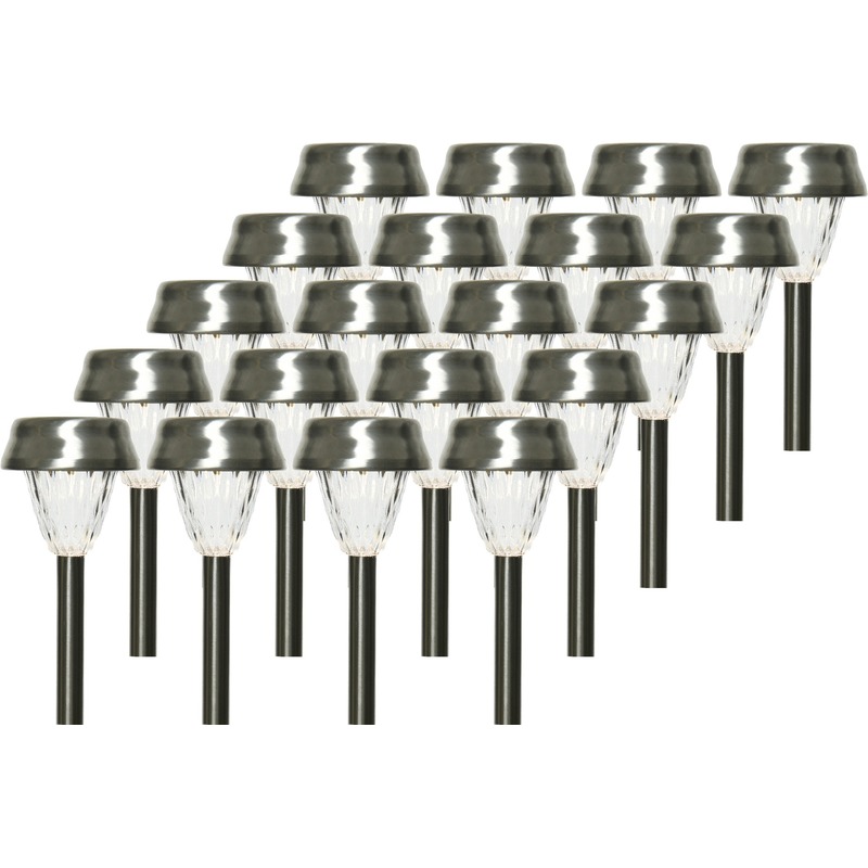 Lumineo 20x Buiten LED RVS lantaarn stekers solar verlichting 24 cm -
