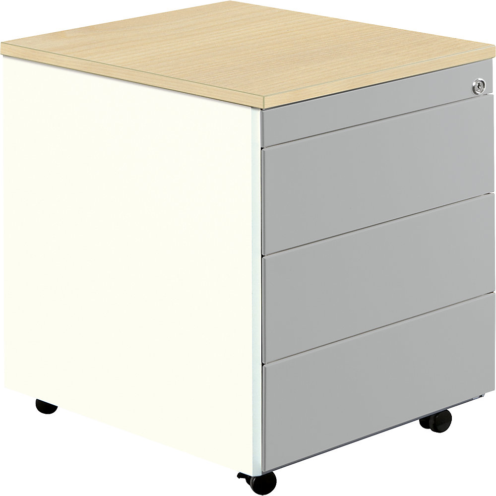 Mauser Ladeblok op wielen, h x d = 579 x 600 mm, kunststof blad, 3 laden, zuiver wit / blank aluminiumkleurig / ahornhoutdecor