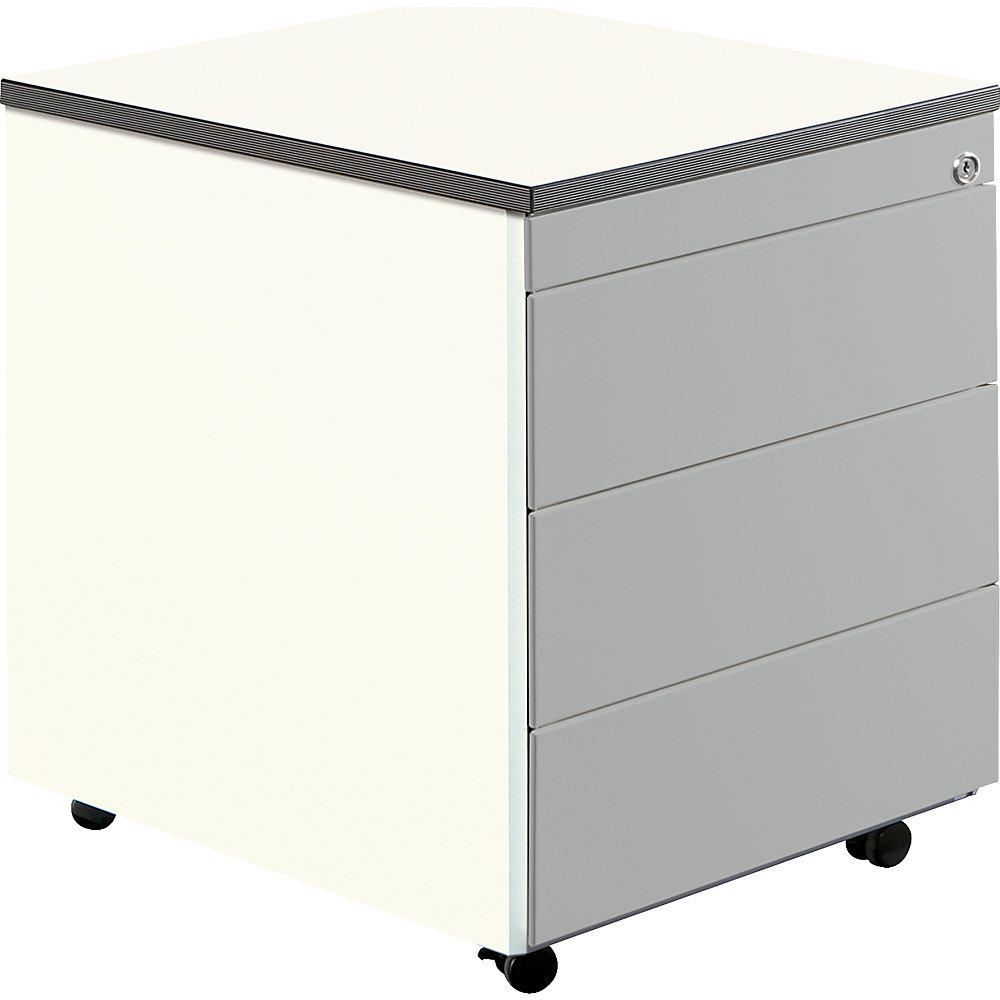 Mauser Ladeblok op wielen, h x d = 579 x 600 mm, kunststof blad, 3 laden, zuiver wit / blank aluminiumkleurig / wit