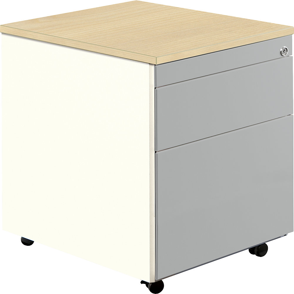 Mauser Ladeblok op wielen, h x d = 579 x 600 mm, 1 materiaallade, 1 hangmappenlade, zuiver wit / blank aluminiumkleurig / ahornhoutdecor