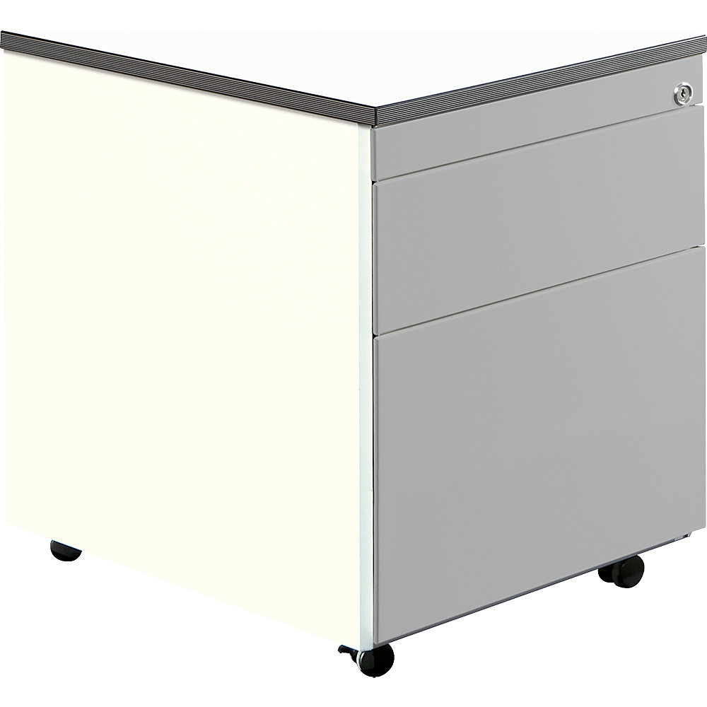 Mauser Ladeblok op wielen, h x d = 579 x 600 mm, 1 materiaallade, 1 hangmappenlade, zuiver wit / blank aluminiumkleurig / wit