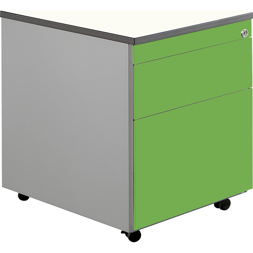 Mauser Ladeblok op wielen, h x d = 579 x 600 mm, 1 materiaallade, 1 hangmappenlade, blank aluminiumkleurig / geelgroen / wit