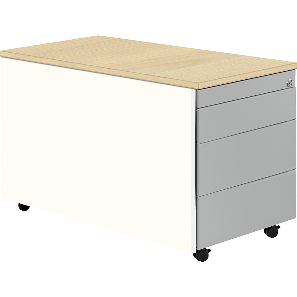 Mauser Ladeblok op wielen, h x d = 529 x 800 mm, kunststof blad, 3 laden, zuiver wit / blank aluminiumkleurig / ahornhoutdecor