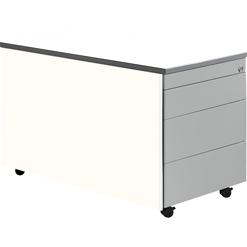 Mauser Ladeblok op wielen, h x d = 529 x 800 mm, kunststof blad, 3 laden, zuiver wit / blank aluminiumkleurig / wit