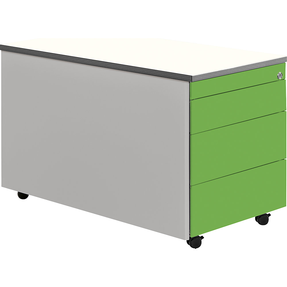 Mauser Ladeblok op wielen, h x d = 529 x 800 mm, kunststof blad, 3 laden, blank aluminiumkleurig / geelgroen / wit