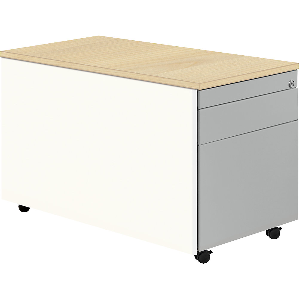 Mauser Ladeblok op wielen, h x d = 529 x 800 mm, 1 materiaallade, 1 hangmappenlade, zuiver wit / blank aluminiumkleurig / ahornhoutdecor