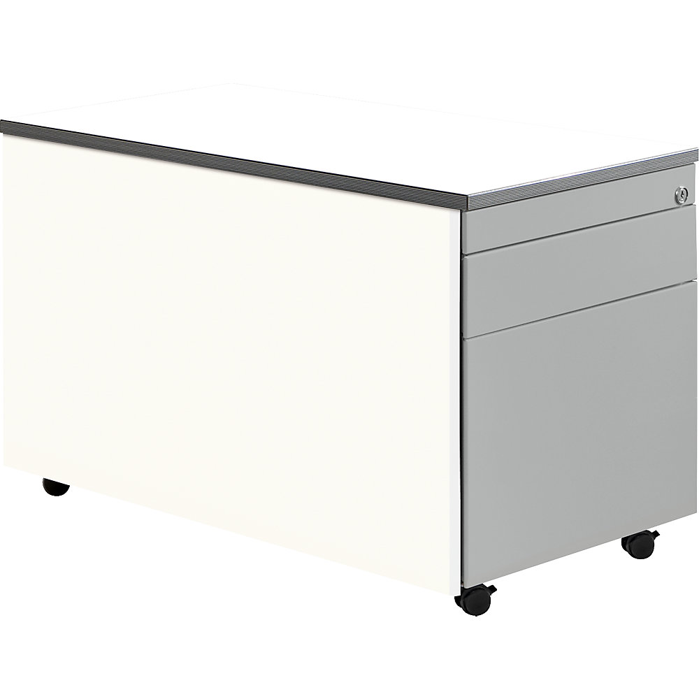 Mauser Ladeblok op wielen, h x d = 529 x 800 mm, 1 materiaallade, 1 hangmappenlade, zuiver wit / blank aluminiumkleurig / wit