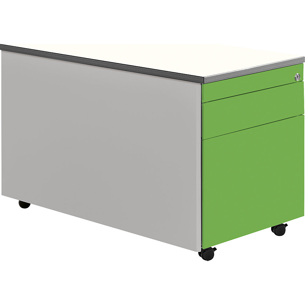 Mauser Ladeblok op wielen, h x d = 529 x 800 mm, 1 materiaallade, 1 hangmappenlade, blank aluminiumkleurig / geelgroen / wit