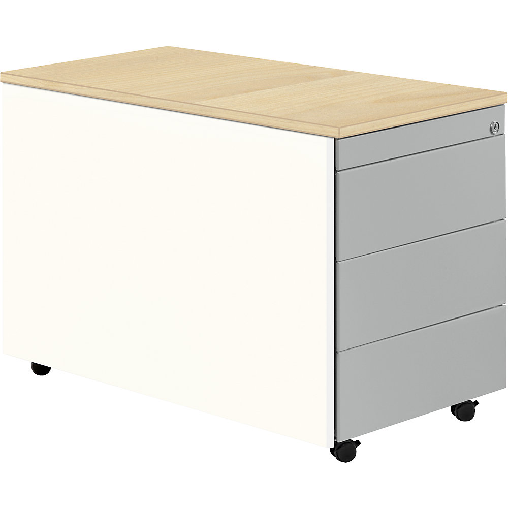 Mauser Ladeblok op wielen, h x d = 579 x 800 mm, kunststof blad, 3 laden, zuiver wit / blank aluminiumkleurig / ahornhoutdecor