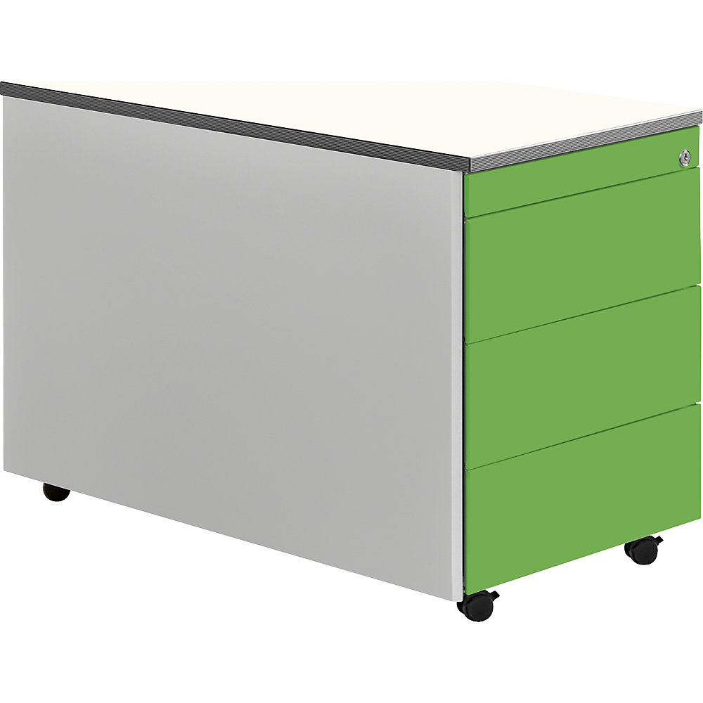 Mauser Ladeblok op wielen, h x d = 579 x 800 mm, kunststof blad, 3 laden, blank aluminiumkleurig / geelgroen / wit
