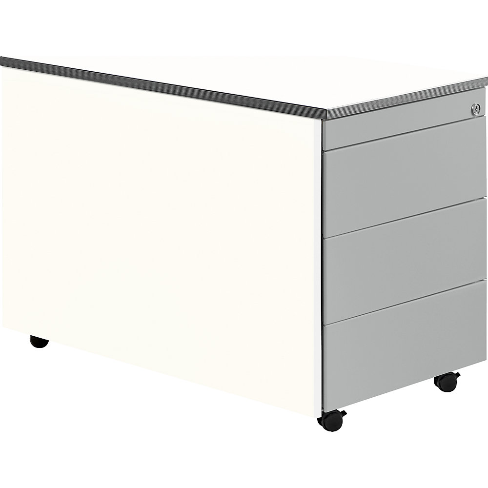 Mauser Ladeblok op wielen, h x d = 579 x 800 mm, kunststof plaat, 1 materiaallade, 1 hangmappenlade, zuiver wit / blank aluminiumkleurig / wit