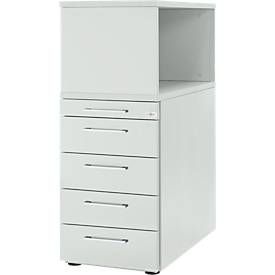 Schäfer Shop Genius Hoog ladeblok met open kast, afsluitbaar, B 435 x D 800 x H 1092 mm, met vierkante handgreep, lichtgrijs/blank aluminium