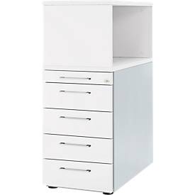 Schäfer Shop Genius Hoog ladeblok met open kast, afsluitbaar, B 435 x D 800 x H 1092 mm, met vierkante handgreep, wit/blank aluminium