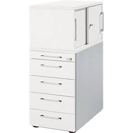 Schäfer Shop Genius Hoog ladeblok met opzetkast met schuifdeuren, afsluitbaar, B 435 x D 800 x H 1092 mm, met vierkante handgreep, wit/blank aluminium
