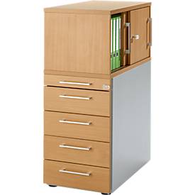 Schäfer Shop Genius Hoog ladeblok met opzetkast met schuifdeuren, afsluitbaar, B 435 x D 800 x H 1092 mm, met vierkante handgreep, beukendecor/blank aluminium