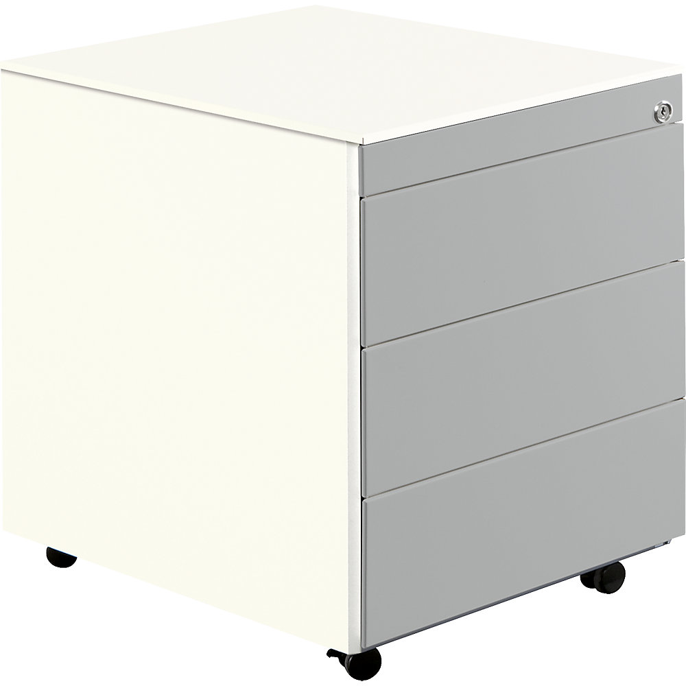 Mauser Ladeblok op wielen, h x d = 570 x 600 mm, stalen blad, 3 laden, zuiver wit / blank aluminiumkleurig