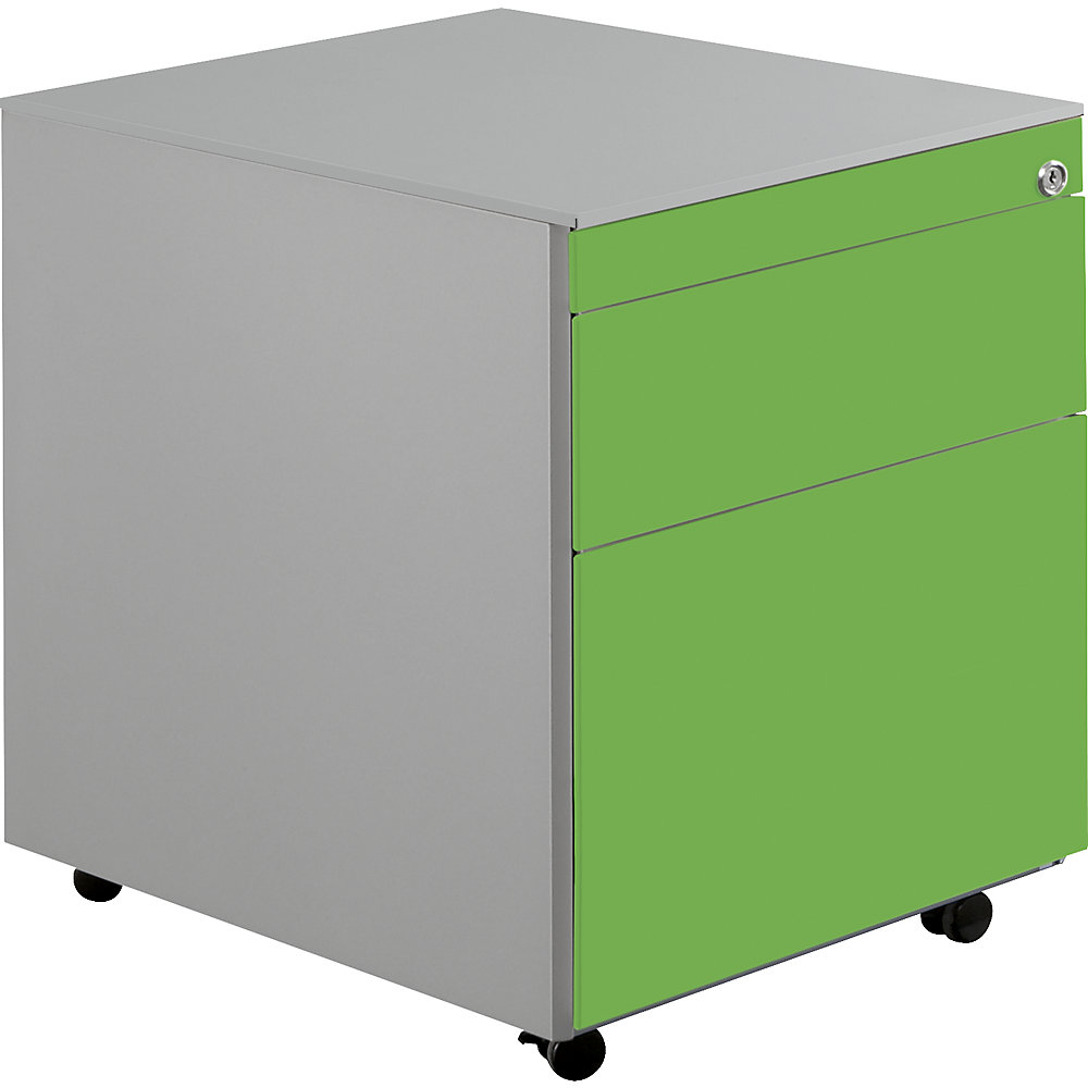 Mauser Ladeblok op wielen, h x d = 570 x 600 mm, 1 materiaallade, 1 hangmappenlade, blank aluminiumkleurig / geelgroen / blank aluminiumkleurig