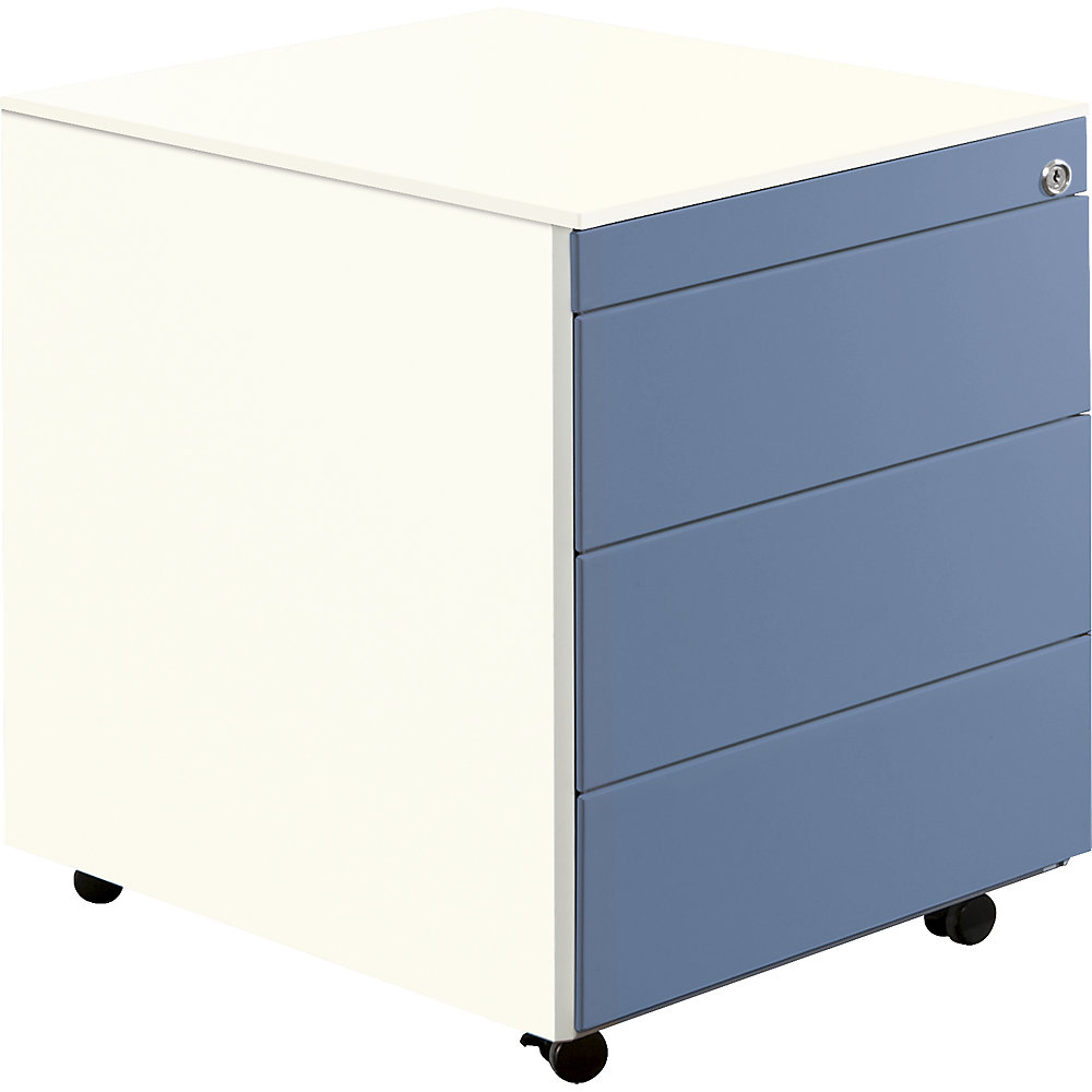 Mauser Ladeblok op wielen, h x d = 570 x 600 mm, 1 materiaallade, 1 hangmappenlade, zuiver wit / duifblauw / zuiver wit
